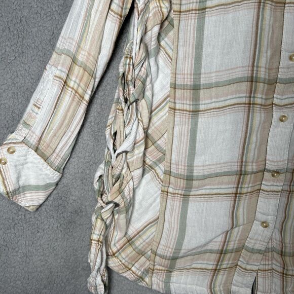 Free People Women's Large Plaid Pastel Dress Tied Sides Long Sleeve Button Down - Picture 2 of 9